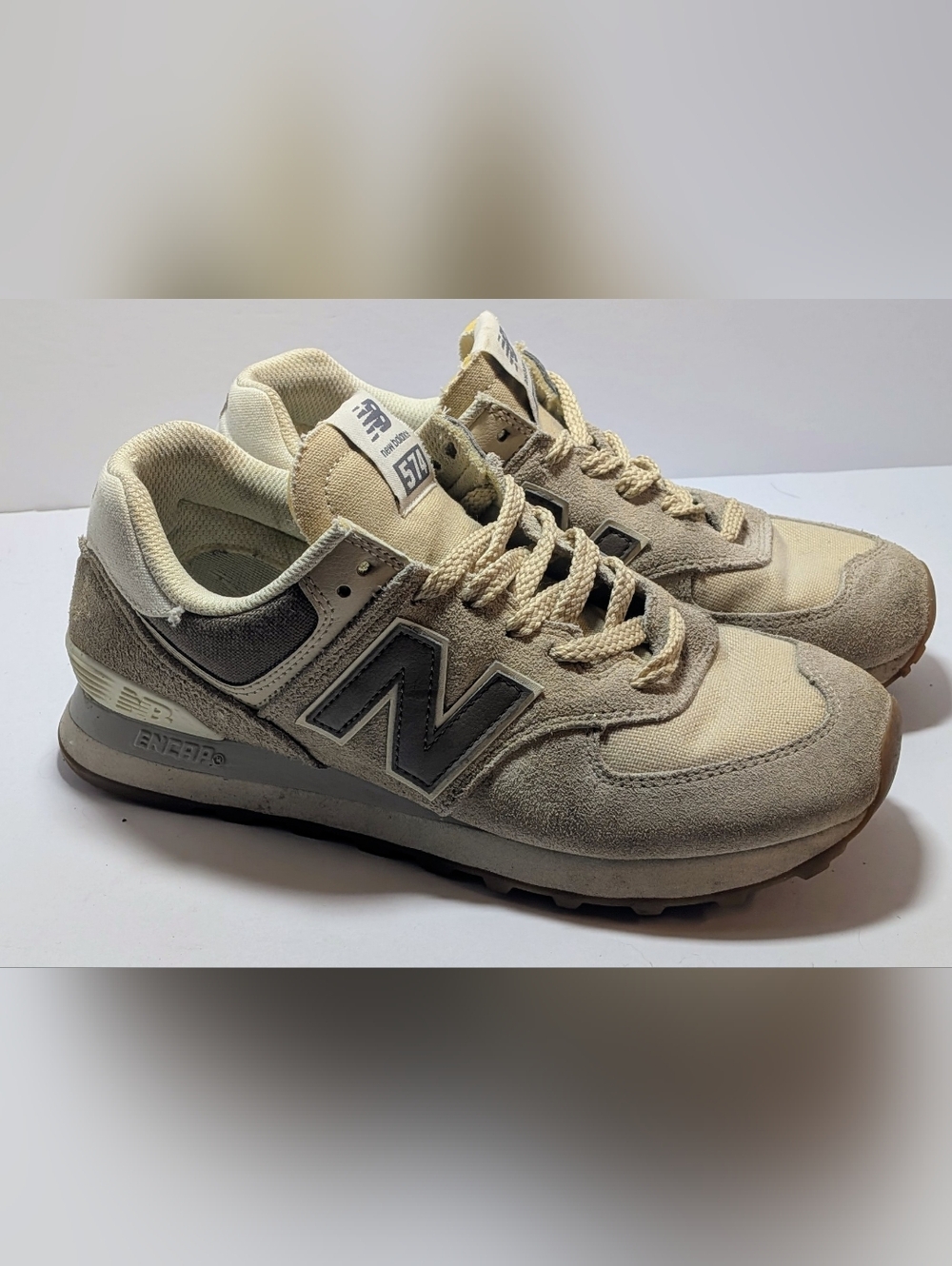 New Balance 574 Women's Size 8 Beige Cream Suede Sneakers Casual Shoes